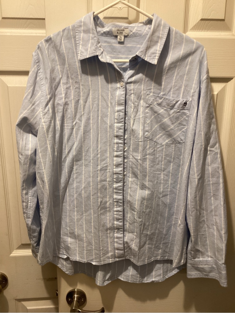 crown & ivy Light Blue and White Striped Button-Down Women's Shirt